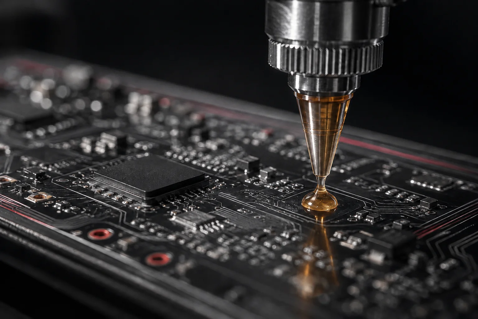 Illustrative close-up of a precision nozzle placing an amber epoxy droplet on a circuit board