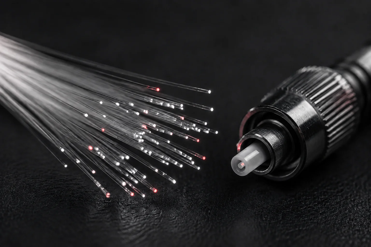 Illustrative optical fibres with white and red tips beside a precision metal connector